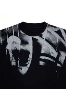 Black Graphic Print Round Neck T-Shirt, Men's Simple, Sports, Casual, Loose, Short Sleeve Top For Summer