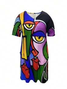 Plus Size Fashion African Print V-Neck Pocket Dress