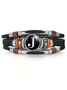 1pc 26 Piece Leather Alphabet Bracelet, Men/Couples Fashion Handmade Beaded Multilayer Punk Wristband, Birthday Wedding Gift, Daily Wear - Black - View 13