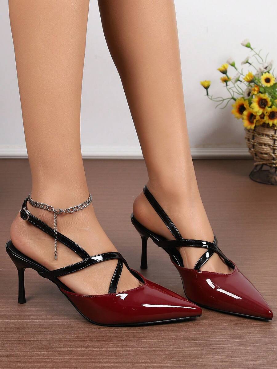 女士时尚铆钉凉鞋，封闭式鞋头亮面皮革尖头细高跟鞋，2025 年夏季新品 - 彩色 - 查看 1