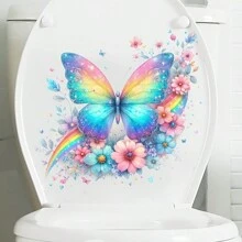 1 pieza Pegatinas de asiento de inodoro con mariposa colorida, decoración autoadhesiva de superficie cerámica con estampado animal, decoración desechable de baño con tema de mariposa y floral, tratamiento de superficie semibrillante, adecuado para decoración del hogar