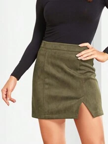 Faux Suede Bodycon Mini Skirts For Women High Waist Split Solid Color A-Line Short Skirt - xanh quân đội - Xem 2