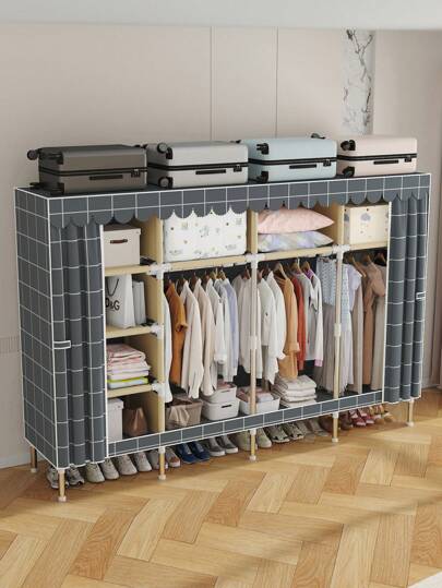 1 pieza Armario portátil de gran capacidad, estilo de alta gama a cuadros, fácil de montar, organizador de prendas de 200 cm de largo, estructura de armazón de tubo de acero resistente, múltiples compartimentos para almacenar ropa y artículos diarios, adecuado para el hogar, dormitorio, apartamento, muebles de habitación