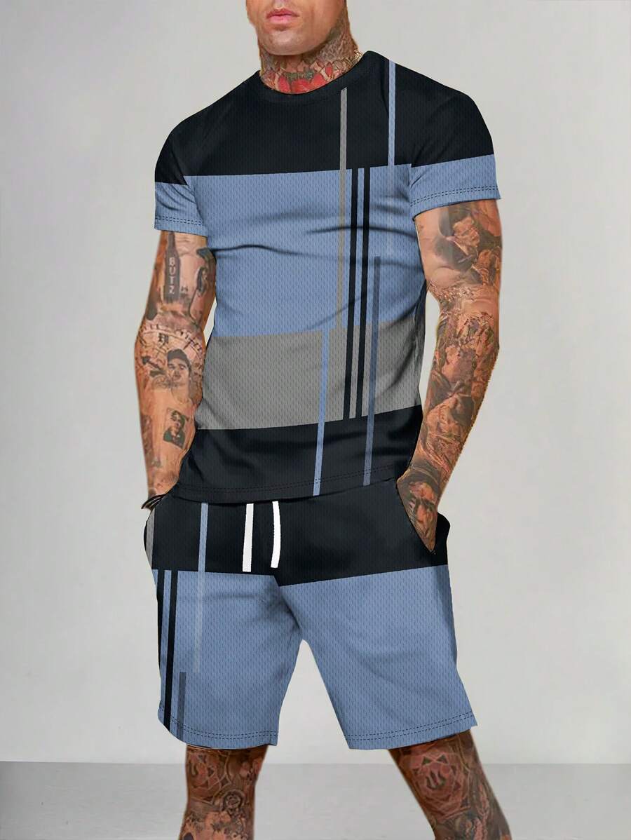 2pcs/Set Men Summer Casual Suit, Colorblock Short Sleeve Crew Neck T-Shirt & Drawstring Shorts Set, Beach/Sports/Exercise Outfit, Plus Size - Blue - View 1