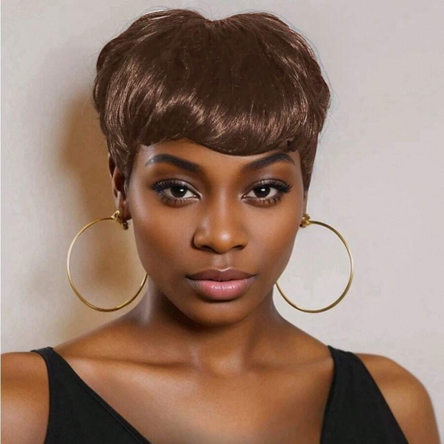 Peruka z włosów ludzkich Krótki Bob Peruki Pixie Cut dla kobiet Proste brazylijskie włosy Remy Peruka maszynowo wykonana z grzywką - S4 - Zobacz 1