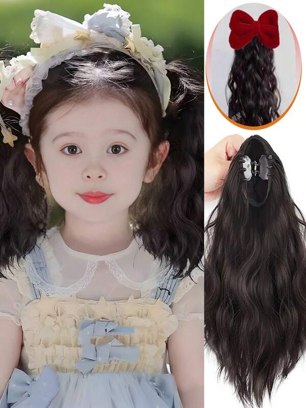 Kids Ponytail Extension With Bow Hair Clip Hair Extensions For Kiddies Synthetic Hairpieces Easy Fashion Hairstyle For Baby Girls Toddler Children Gift