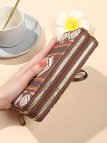 Cartera de mujer con estampado bohemio largo, embrague de muñeca, monedero manual, bolso de viaje con portador de tarjeta de crédito para hombres. Carteras largas bohemias para mujer, monedero con cremallera y soporte para tarjetas y teléfono - Café integral - Ver 9