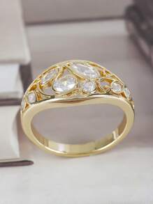 1pc Elegant Luxury Fashion Creative Unique Zirconia Stone 18K Gold Plated Round Eye-Shaped Ring, Gift For Women Wedding, Engagement, Anniversary, Valentine's Day