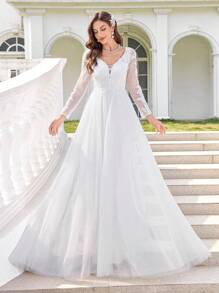 UNITHORSE Rhinestone Neckline Pearl Embroidery Lace Mesh Contrast White Wedding Dress Gown,Bride, All White Party Outfit Women - White - View 3