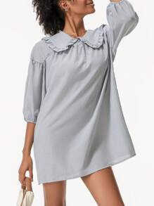 Women's Cute Babydoll Dresses Plaid Print Puff Sleeve Doll Collar Loose Mini Dress For Summer - 卡其色 - 查看 4