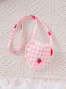 Young Girls' Spring/Summer Love Plaid Strawberry Print Ruffle Hem Bow Decor Cute Vacation Style Strap Dress With Matching Sling Bag - Pink - View 6