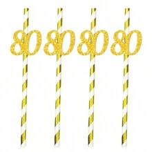 10pcs Paper Straws With 18, 21, 30, 40, 50, 60, 70, 80 Number Design In Gold & Rose Gold Color, Cake Decor For Birthday Party