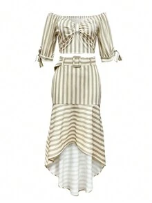 女士优雅条纹印花露肩上衣和裙子套装，时尚休闲 - 卡其色 - 查看 3