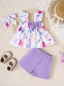 Set da 3 pezzi di abbigliamento estivo per bambine: canotta con fiocco e stampa a fiocco 3D, maniche a volant, e pantaloncini comodi a costine di colore unito - Viola - Visualizzare 3