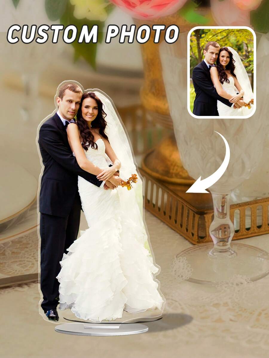1 件定制个性化婚礼照片亚克力小雕像支架、定制新郎新娘亚克力小雕像、定制婚礼情侣亚克力展示架、可定制水晶艺术相框（带底座）、独特的婚礼纪念品 - 彩色 - 查看 1