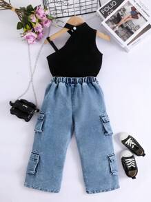 Ensemble de 2 pièces pour jeunes filles à la mode pour l'été: T-shirt sans manches de couleur unie et pantalon cargo en jean multi-poches