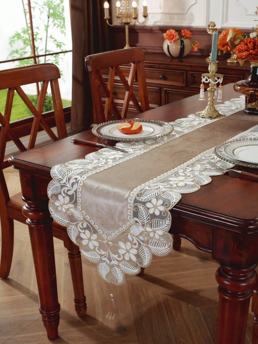 1 bucățire de masă decorativă din țesătură de pluș, ornamente delicate din dantelă cu broderie 3D, decorațiuni interioare, eșarfă de dulap, masă de bucătărie și sufragerie, serie de nuntă pentru petreceri de vacanță în interior