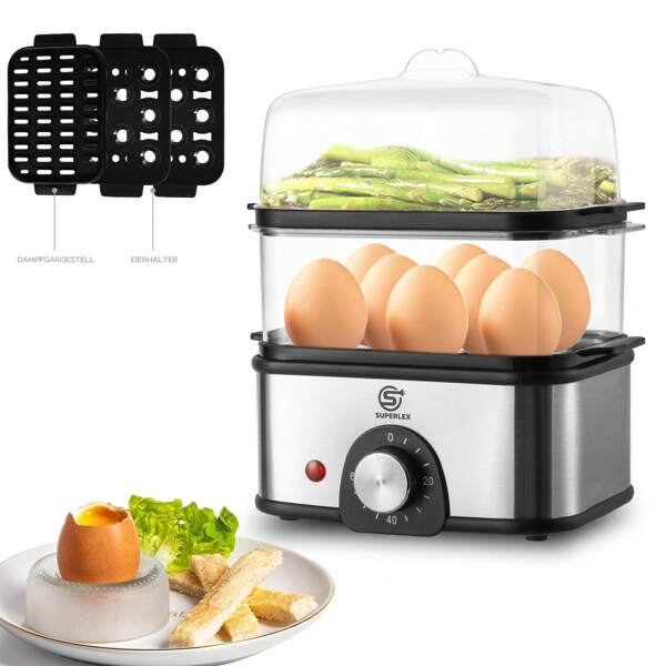SUPERLEX Eierkocher, 2-Tier für bis zu 16 Eier, Edelstahl, 60-Min Timer, Automatische Abschaltung, Elektrischer Dampfgarer für Eier, Gemüse, Fleisch ﻿