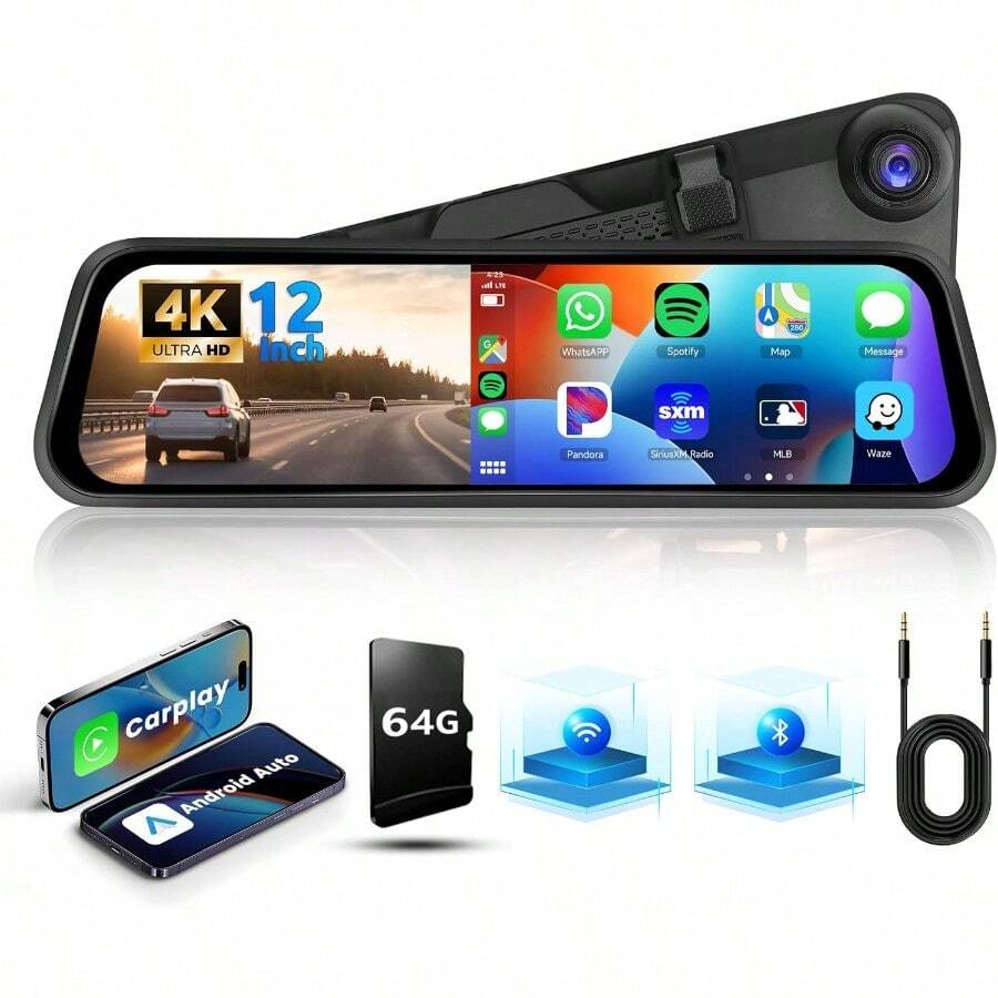 Hodozzy 4K Mirror Dash Cam With 12 Inch Touchscreen WiFi Rear View