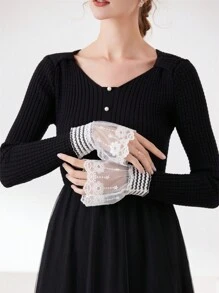 1pair Ladies' Stud Beaded Rolled Edge Sleeve Cuff With Lace Decoration Valentine's Day Valentines