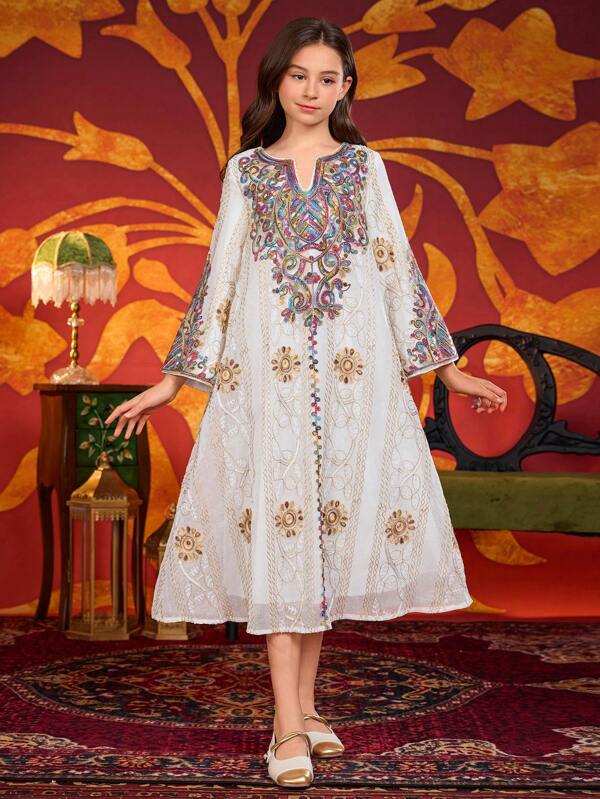 Tween-Mädchen langes Bademantelkleid, arabisch-Dubai Stickerei mit Strass Dekor Indonesien Türkei Damen Maxikleid