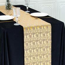 1pc Gold Linen 28*275cm Table Runner, Decorated With Lanterns, Crescent Moon, Gold Stars, Mosque, Greetings, Suitable For Home, Dinner Party, Festival Celebration - Solid Color - View 7