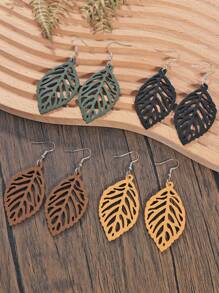 BOCAR 4 Pairs Bohemian Hollow Carved Wooden Slice Earrings, Black, Coffee, Green, Yellow, Lightweight Wood Slice Earrings Set, Suitable For Women Daily Wear - Colorful - View 17