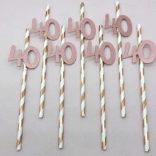 10pcs Paper Straws With 18, 21, 30, 40, 50, 60, 70, 80 Number Design In Gold & Rose Gold Color, Cake Decor For Birthday Party