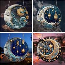 1 pezzo Piatto rotondo decorativo in acrilico colorato e vintage, con disegno di luna e stelle, per decorazione d casa