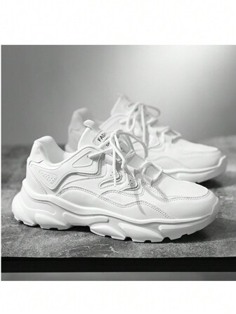 男士休闲鞋，防水防滑耐磨透气 PU 皮革拼接圆头系带低帮平跟运动鞋，适合日常穿着、生日、派对、户外、街头、春秋、白色商务正装