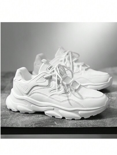 Men's Casual Shoes, Waterproof Non-Slip Wear-Resistant Breathable PU Leather Patchwork Round Toe Lace-Up Low-Top Flat Heel Sneakers, Suitable For Daily Wear, Birthday, Party, Outdoors, Street, Spring & Autumn, White Business Formal Dress