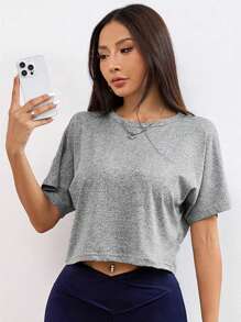 1 pieza Camiseta deportiva de cuello redondo, manga corta, escote cruzado y espalda descubierta, corte suelto, para yoga, gimnasio y fitness, de tela delgada y transpirable, para primavera/verano