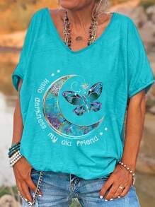 Camiseta informal de mujer talla grande con cuello en V y estampado de mariposa, mezcla de poliéster y spandex, lavable a máquina, adecuada para primavera/verano/otoño