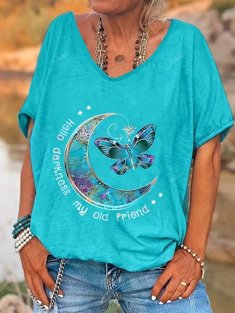 Camiseta informal de mujer talla grande con cuello en V y estampado de mariposa, mezcla de poliéster y spandex, lavable a máquina, adecuada para primavera/verano/otoño