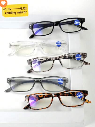 5副多色老花镜，度数范围+1.0X - +4.0X，弹簧铰链式，老花镜