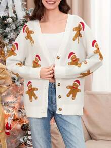 Women's Christmas Cardigan Gingerbread Man Pattern Button-Front Long Sleeve V-Neck Ribbed Knitted Sweaters - White - View 5