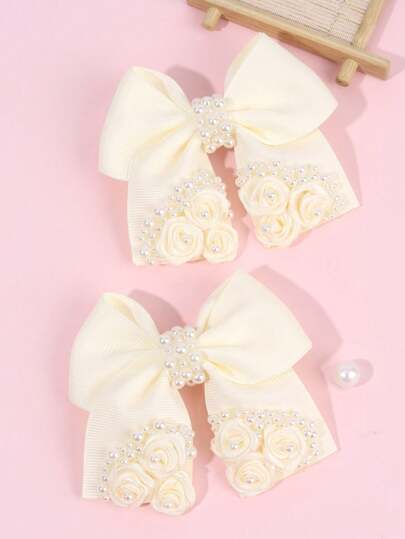 2个幼儿女孩发夹，甜美玫瑰和小花装饰发夹，精致象牙色仿珍珠装饰发卡，缎带鳄鱼夹，节日派对庆典发夹，鳄鱼夹，青少年发饰，送给女孩的完美礼物