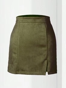 Faux Suede Bodycon Mini Skirts For Women High Waist Split Solid Color A-Line Short Skirt - xanh quân đội - Xem 4