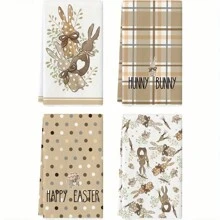 4-Piece Easter Theme Decorative Hand Towels Set, Polka Dot & Plaid Bunny Pattern, Polyester Kitchen Towels, Simple Rustic Style, Soft Absorbent Drying Cloth, Kitchen And Bathroom Decor - Brown - View 10