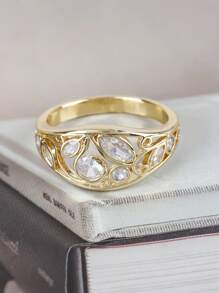 1pc Elegant Luxury Fashion Creative Unique Zirconia Stone 18K Gold Plated Round Eye-Shaped Ring, Gift For Women Wedding, Engagement, Anniversary, Valentine's Day