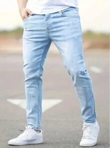 Pantalones vaqueros azul clásico lavados de corte skinny para hombres, pantalones de mezclilla elásticos con detalles desgastados