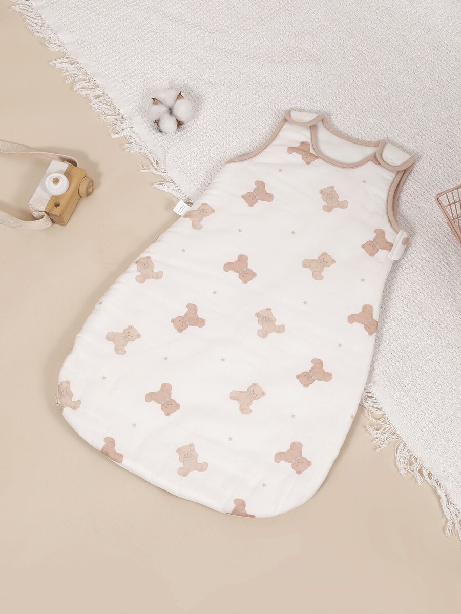 1pc Oeko-Tex 100% Cotton Cartoon Bear Print Sleeveless Round Bottom Baby Sleeping Bag, Soft & Comfortable, All Season - Multicolor - View 1