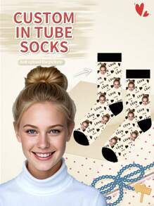 Face Socks 1 Pair Of Customized Face Women's Mid Tube Socks, Put Any Face On Socks, Personalized Socks For With Photos, Interesting Customized Picture Pairs With Medium To Long Socks, Suitable For Valentine's Day - Multicolor - View 1