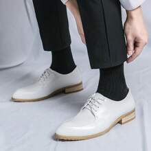 Men's Pointed Toe Lace-Up Shiny Loafers, Dress Casual Business Fashion Versatile Black Leather Shoes - White - View 4