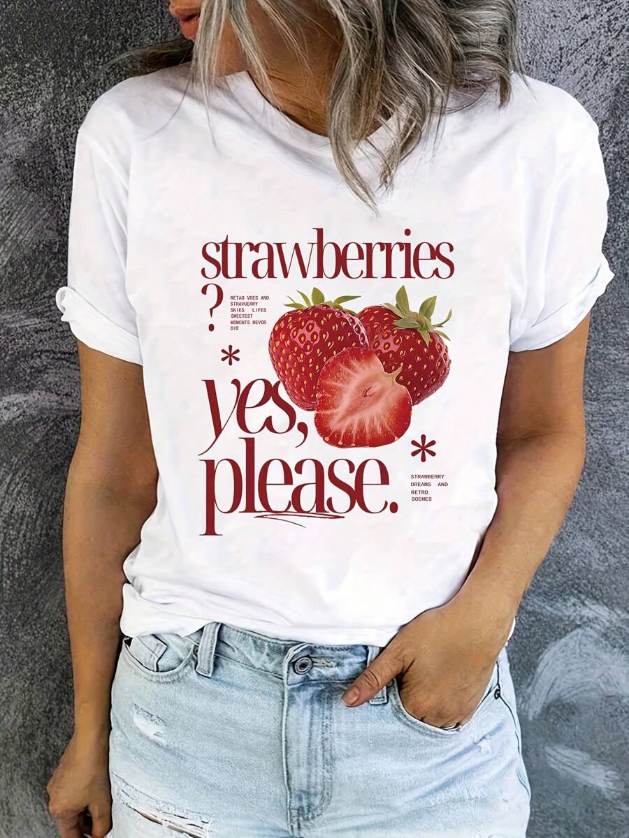 Vintage Sweet Berry Lover Women'S Casual Round Neck T-Shirt With Strawberry Print, 220g Pure Cotton, Casual Crew Neck, Great For Leisure Days And Casual Outings.