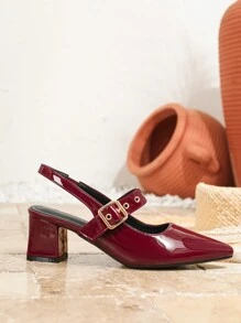 Damskie szpilki w szpic w kolorze czerwonym, wygodne wsuwane z metalowym paskiem ze sprzączką, buty typu slingback - Burgund - Zobacz 2