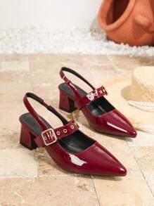 Damskie szpilki w szpic w kolorze czerwonym, wygodne wsuwane z metalowym paskiem ze sprzączką, buty typu slingback - Burgund - Zobacz 3