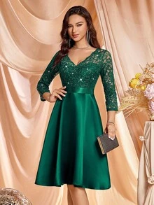 MIUSOL Sequin Floral Lace Contrast Satin V-Neck 3/4 Sleeve Swing Dress, Wedding Guest Dress, Semi-Formal Party Dress, A-Line Skirt - Dark Green - View 5