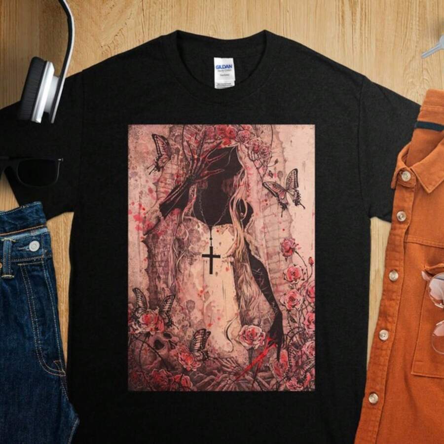 Sad Girl With Cross And Butterfly Pastel Goth Alt Y2k T-Shirt Vintage Girl Gothic Art Tee, Romantic Girl Tshirt, Beautiful Girl Shirt - 黑色 - 查看 1