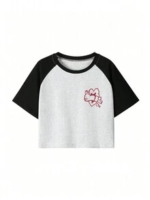 Women's Summer Fashion Hand-Drawn Rabbit & Heart Print Casual Raglan Sleeve Short T-Shirt, Valentine's Day Limited Edition - Multicolor - View 4